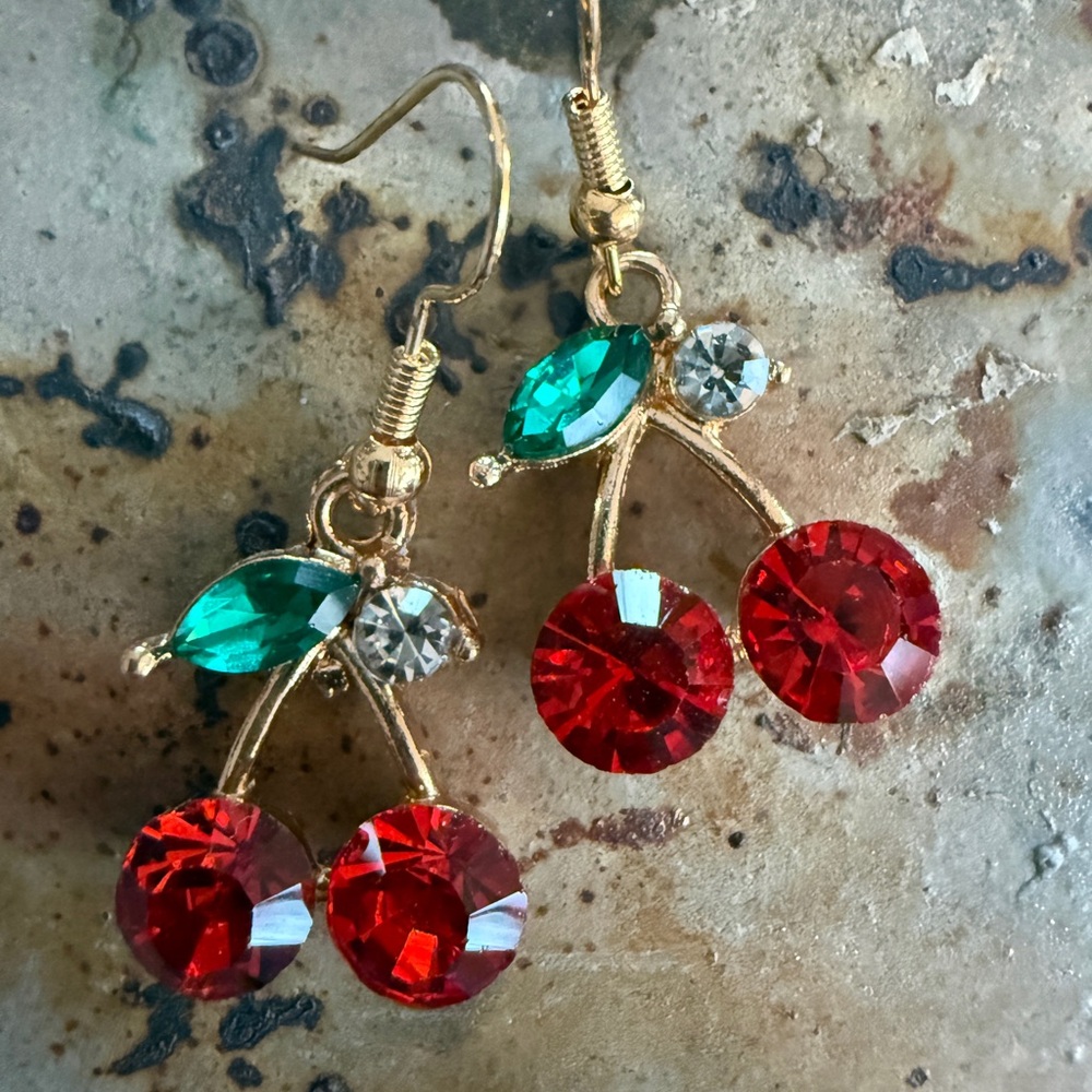 Elegant Gold Cherry Earrings with Red and Green Crystals
